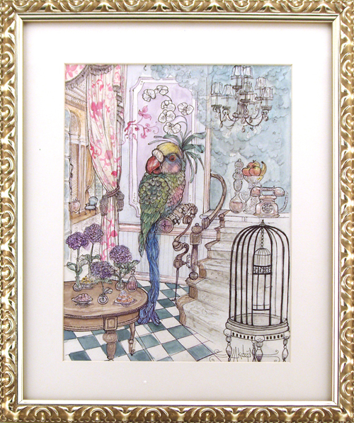 Parakeet in the Parlor with Orchid, Leyla Akdogan Parakeet in the Parlor with Orchid, Leyla Akdogan