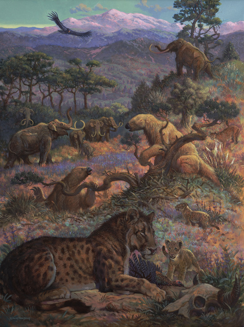Lion's Share: Quarter Scale painting (Pleistocene Trilon w/ American Lion), William Stout Lion's Share: Quarter Scale painting (Pleistocene Trilon w/ American Lion), William Stout