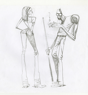 Girl and Guy with Pool Cue, Robert Valley Girl and Guy with Pool Cue, Robert Valley