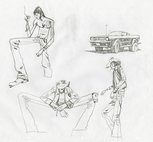 Tattoo Man Smoking, Cowboy Squatting / Standing, Car with Antannae, Robert Valley Tattoo Man Smoking, Cowboy Squatting / Standing, Car with Antannae, Robert Valley