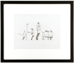 Beatles playing on stage from knees up with tall microphone(Beatles Rock Band pencil test drawing), Robert Valley