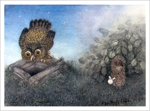 Hedgehog & Owl on a Well (unframed), Yuri Norstein